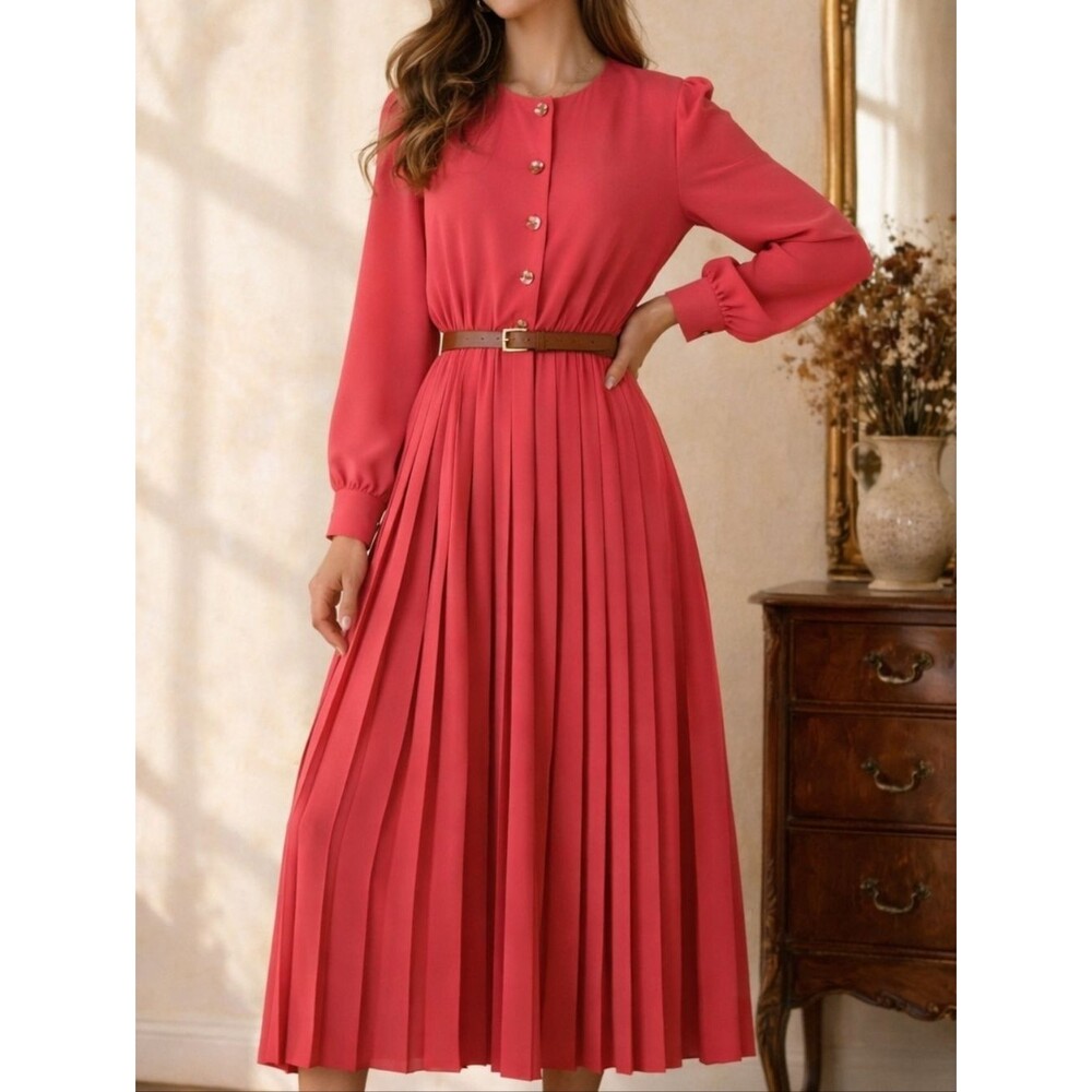 Vintage 90s Henry Lee Coral Pleated Dress Petite 8P Classic Elegant Romantic Aca - Picture 2 of 8